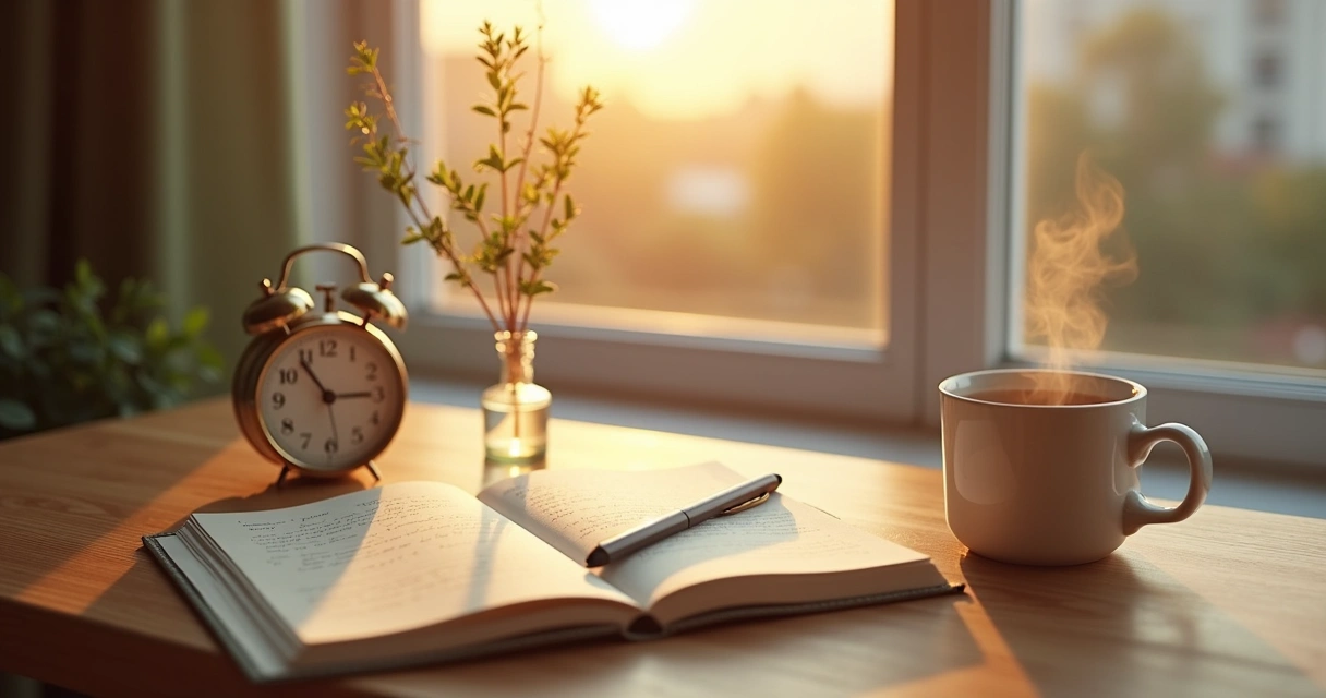 Open journal and tea on wooden table in quiet morning light 