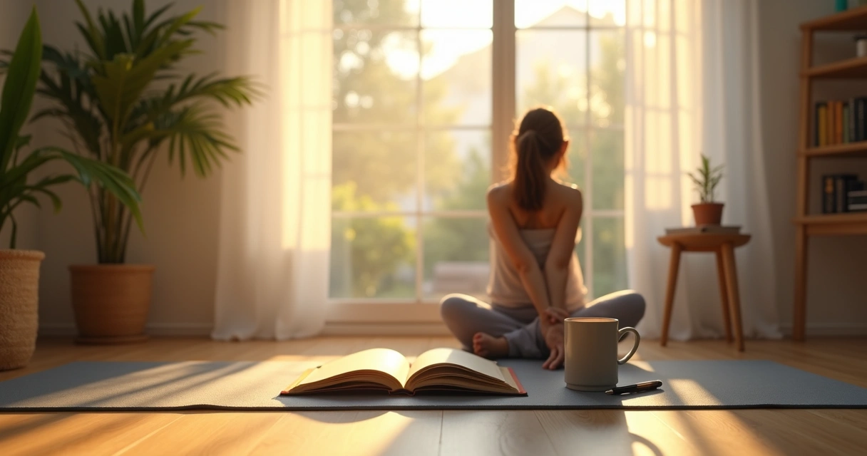 Sunlight pouring into a living room, with a person doing gentle stretching beside a journal and coffee. 