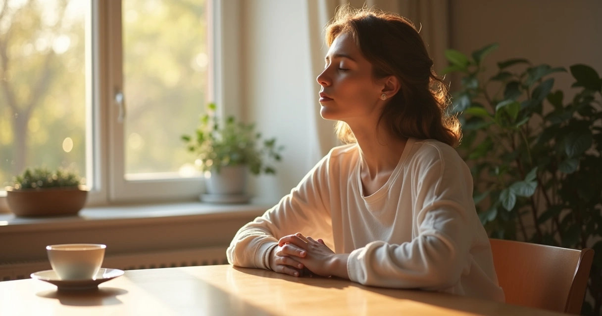 Person pausing beside a breakfast table, eyes closed, enjoying a mindful moment