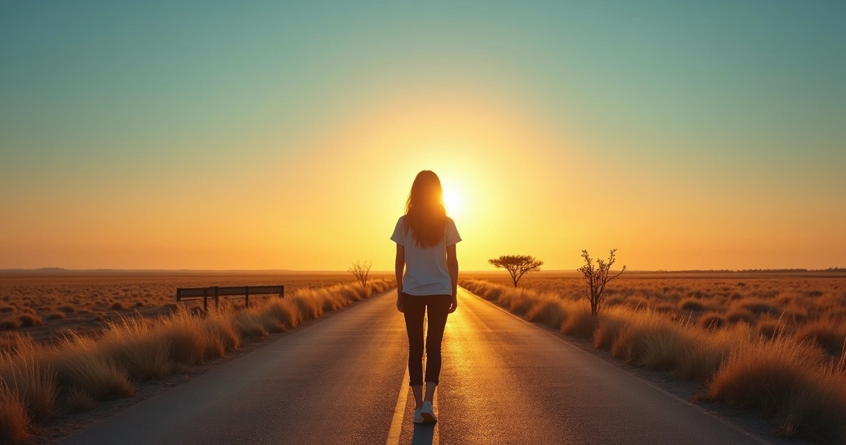 Person standing at a crossroads road choosing between mindful intention and automatic habit 