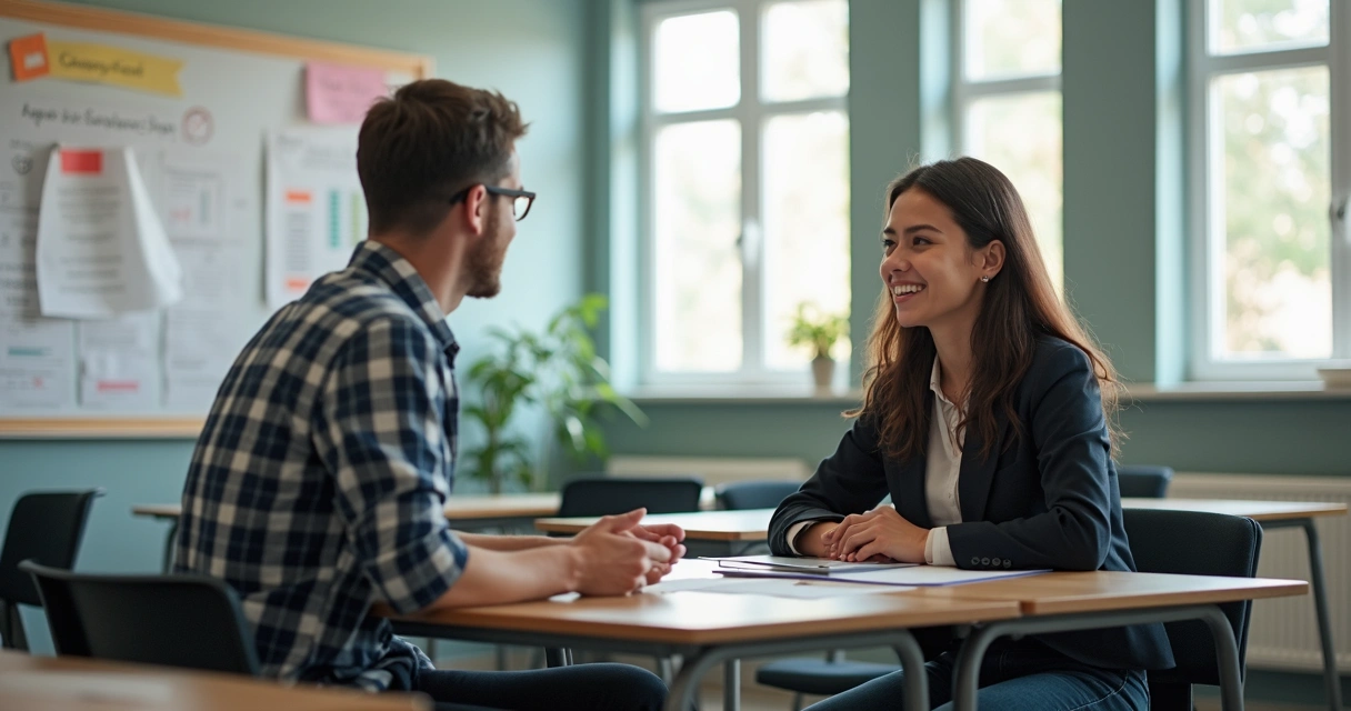 Professor conversando com aluno em uma sala de aula moderna. 