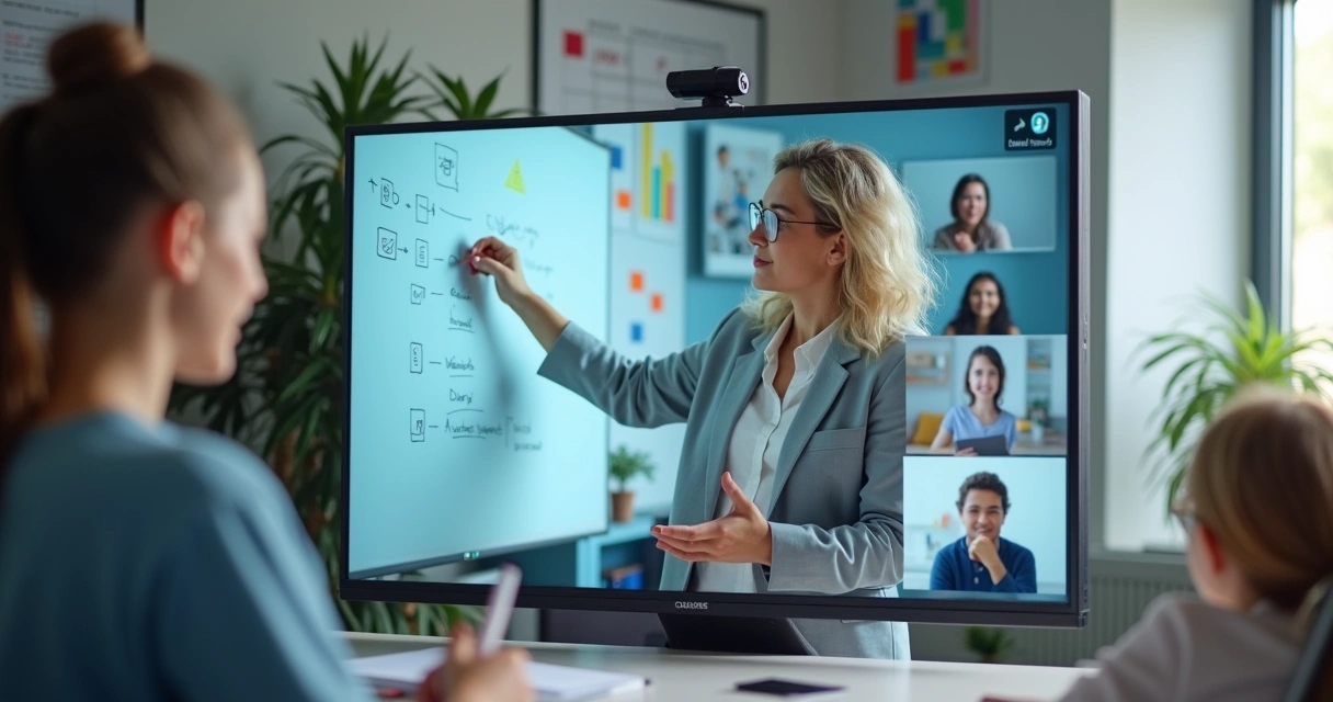 Professor interagindo online com alunos em plataforma de ensino