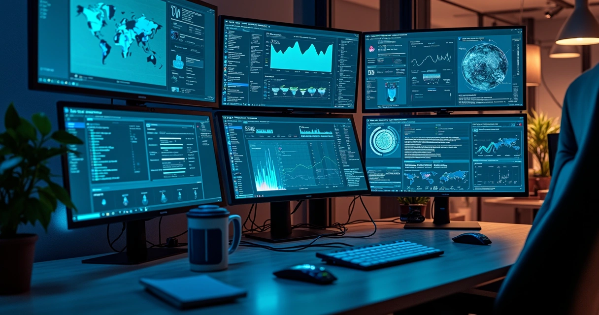 Sistema inteligente analisando dados em múltiplas telas digitais 