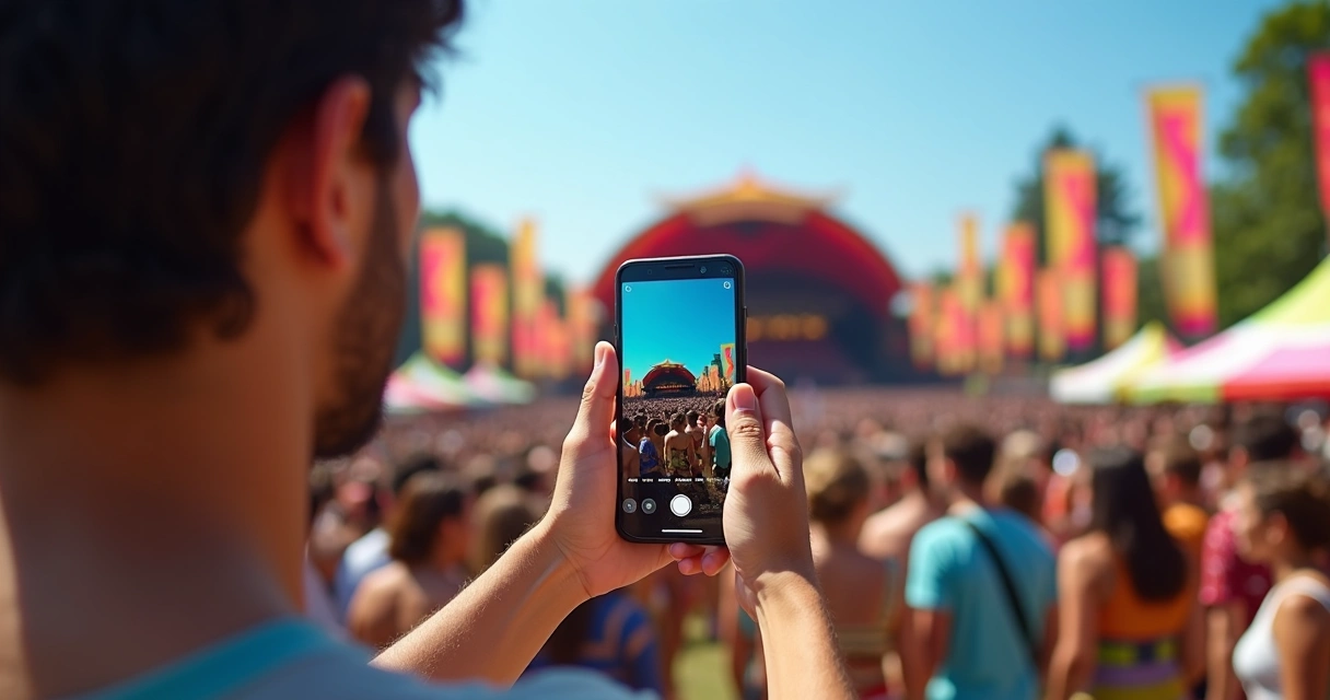 Participante interagindo com app em festival cultural