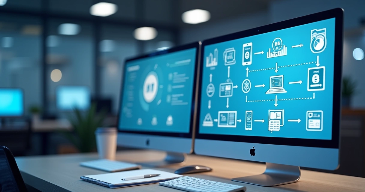 Painel de software de contabilidade mostrando integração de APIs e fluxo de processos 