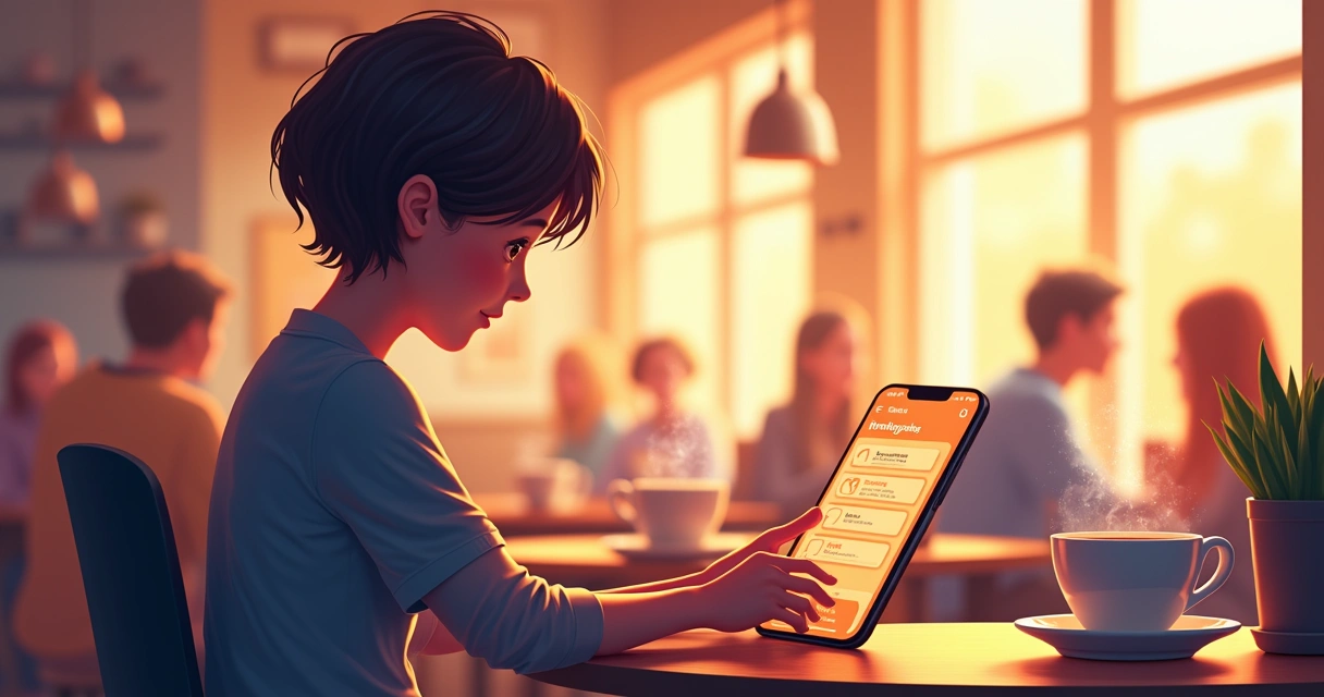 Ilustração de um usuário interagindo com um app em um café, mostrando design simples e acessível.