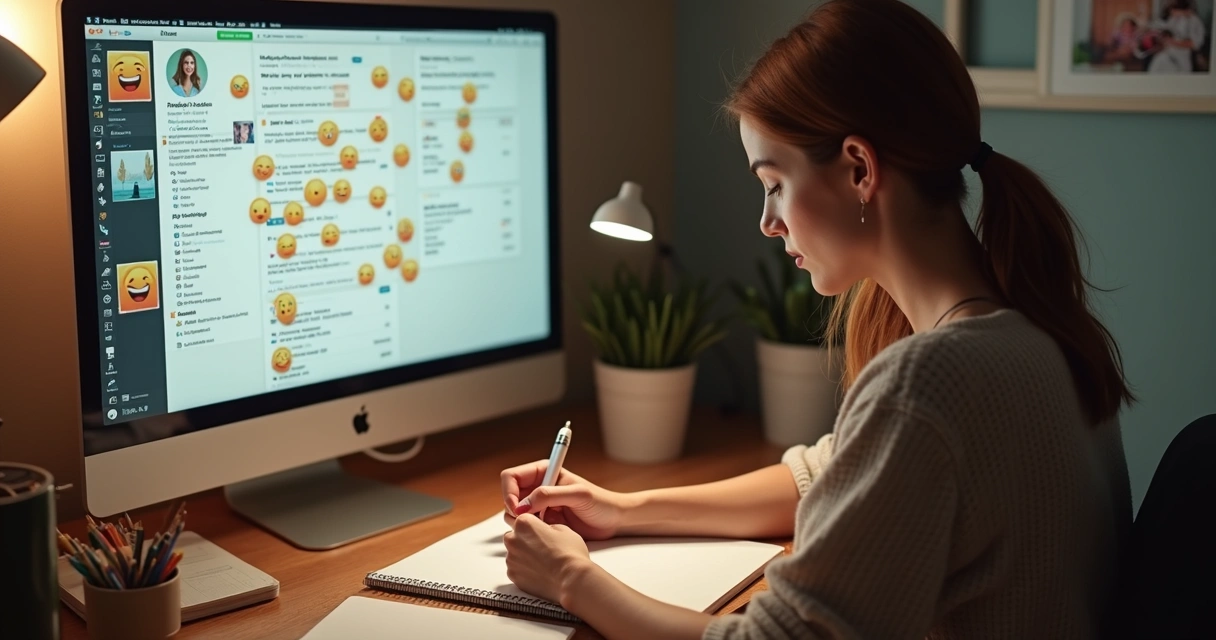 Designer de interiores trabalhando no notebook, respondendo comentários no Instagram, emojis em destaque na tela 