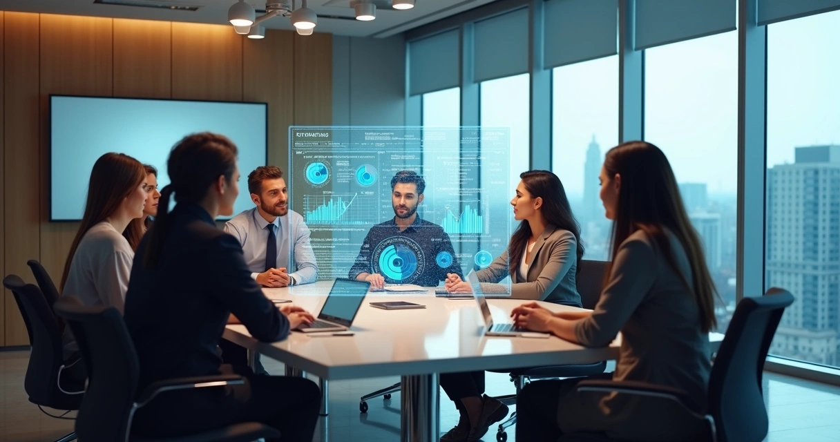 Assistente virtual ao lado de equipe em sala de reuniões moderna 