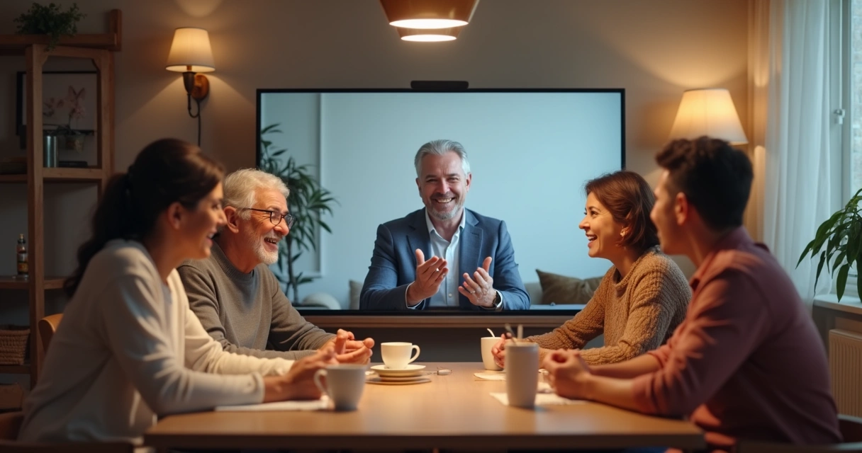 Grupo de pessoas de diferentes idades se comunicando por videochamada, representando interação autêntica em rede social
