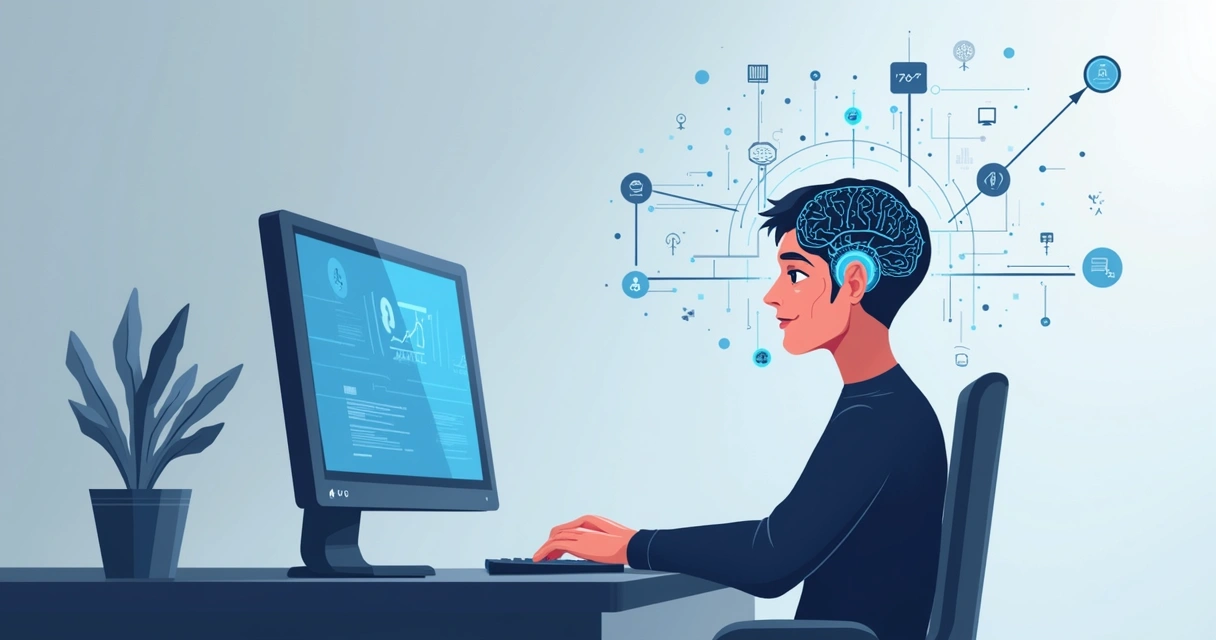 Pessoa controlando computador com chip no cérebro e interface digital 