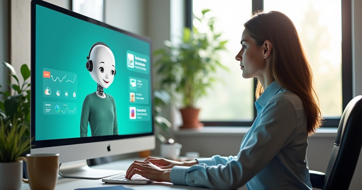 Chatbot atendendo cliente em interface digital colorida 