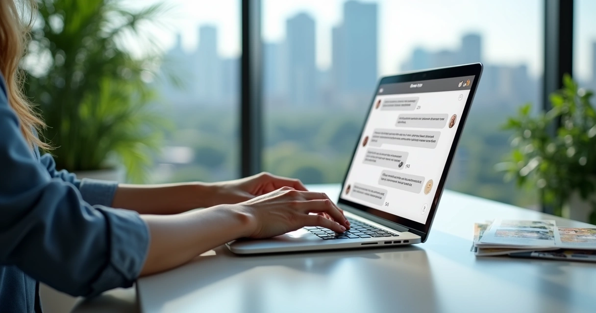 Cliente digitando em notebook para iniciar conversa com chatbot 