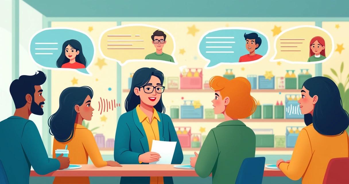 Interação entre cliente e representante de atendimento ao cliente em um ambiente de loja colorido.