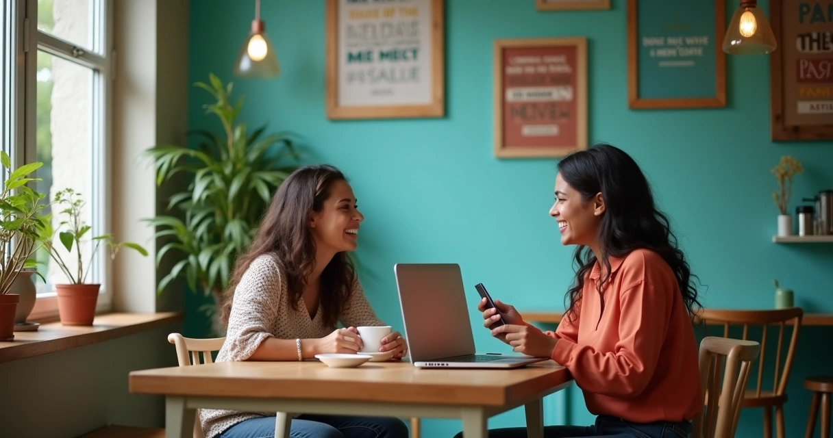 Proprietário de uma pequena empresa interagindo com clientes em um ambiente de café vibrante e acolhedor.