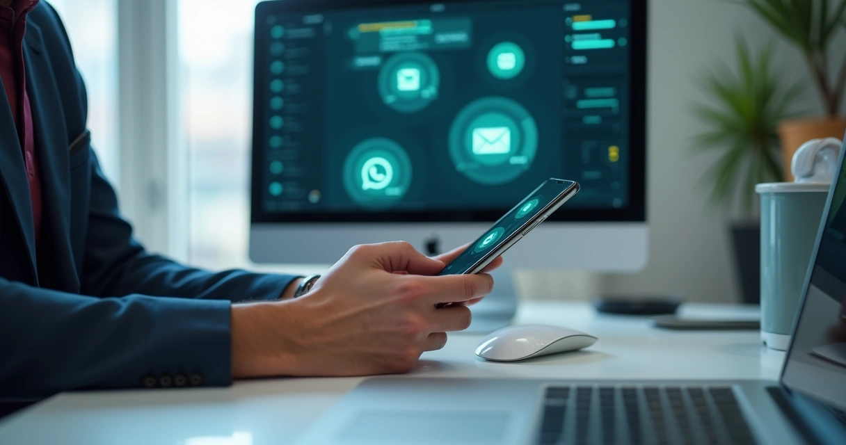 Pessoa interagindo com sistema de cobrança em smartphone e computador 