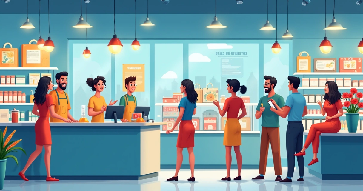 Grupo diverso de pessoas interagindo em uma loja, com um atendente ouvindo um cliente. Ambiente acolhedor e amigável.