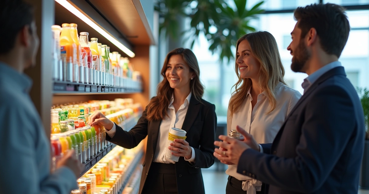 Colaboradores usando minimercado em ambiente corporativo 