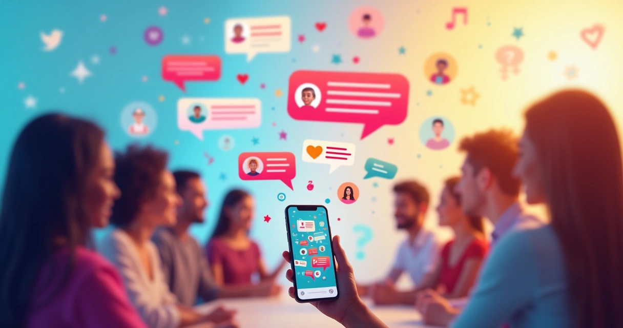 Grupo interagindo em redes sociais com smartphone, notificações e balões de fala coloridos em um ambiente vibrante.