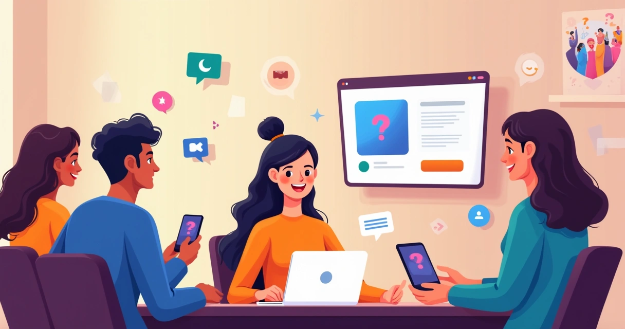 Uma influenciadora sorridente interagindo com seguidores em um ambiente digital vibrante.