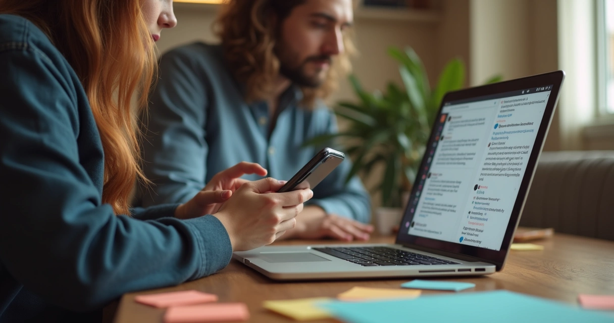 Pessoa respondendo comentários em rede social com notebook e celular 