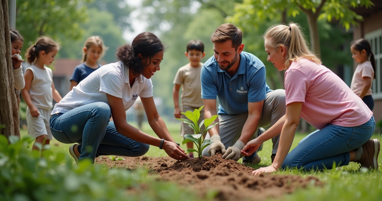 Colaboradores de uma empresa participando de ação social com a comunidade 