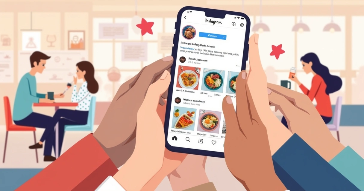 Representação de uma interação vibrante em um feed do Instagram, com comida, comentários e mãos envolvidas.