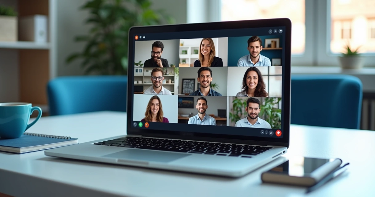 Profissionais em reunião online com mensagens na tela 