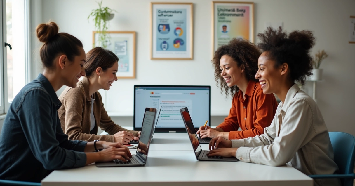 Grupo virtual interagindo no computador, aprendendo juntos