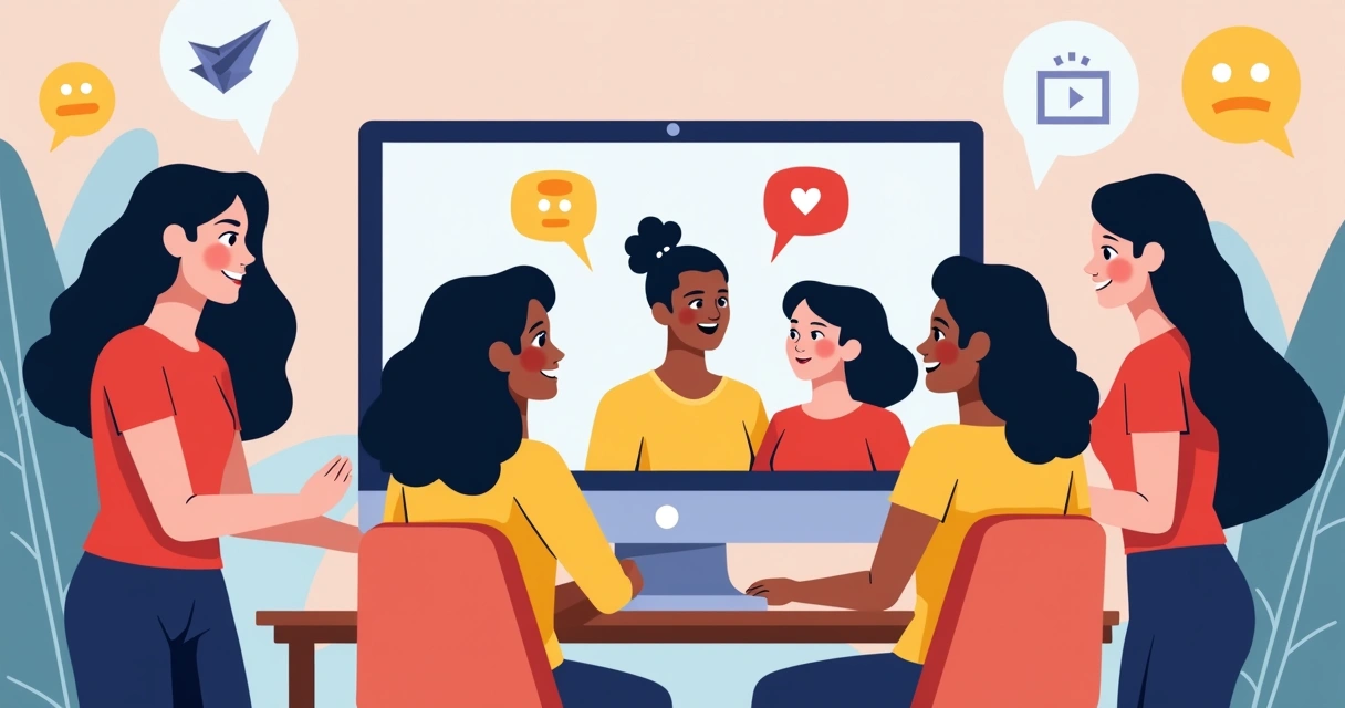 Participantes interagindo em plataforma de comunidade online com avatares e mensagens-visuais 