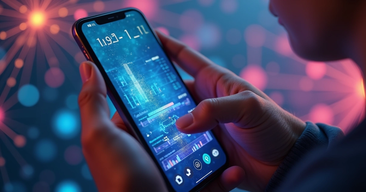 Pessoa segurando smartphone com notificações e gráficos de emoções no visor