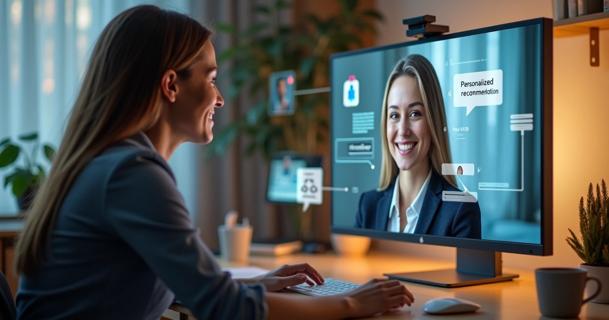 Vendedor B2B conversando por vídeo chamada com expressão amigável, mostrando empatia digital 