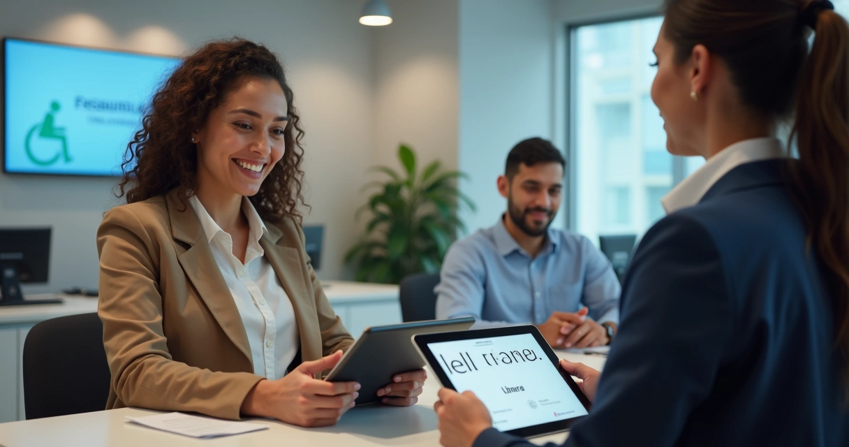 Cidadã usando tablet com tradução automática em Libras em repartição pública moderna