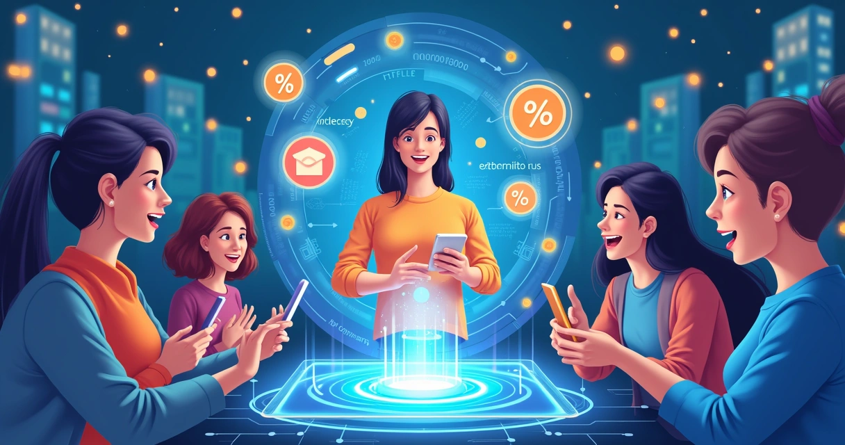 Interação digital personalizada com clientes, apresentando recomendações de produtos com elementos de tecnologia.