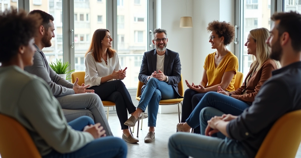 Grupo de pessoas reunidas conversando em círculo 