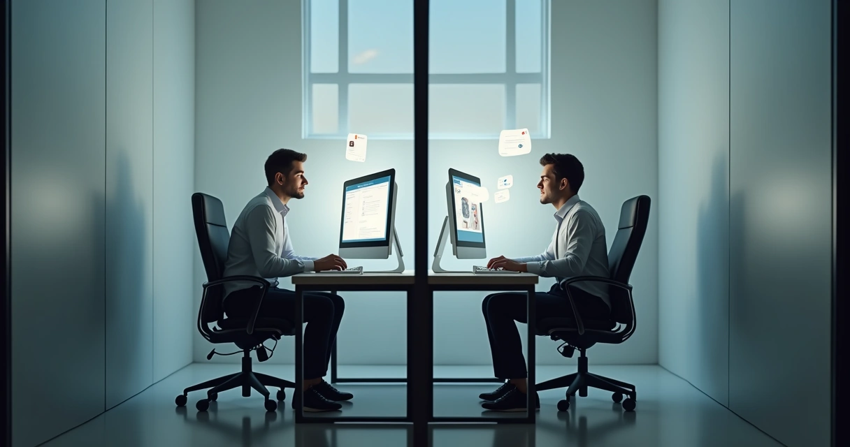 Duas pessoas olhando para telas de computadores interagindo digitalmente