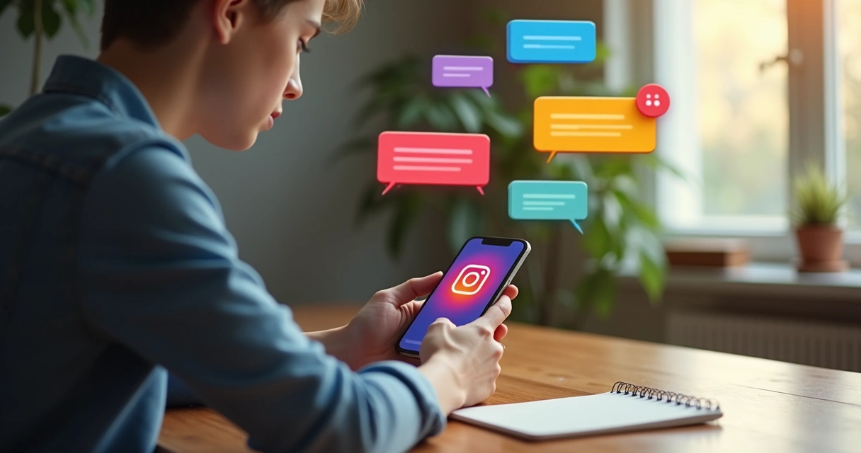 Pessoa olhando o celular com tela de Instagram aberta, notificações de curtidas e comentários visíveis 