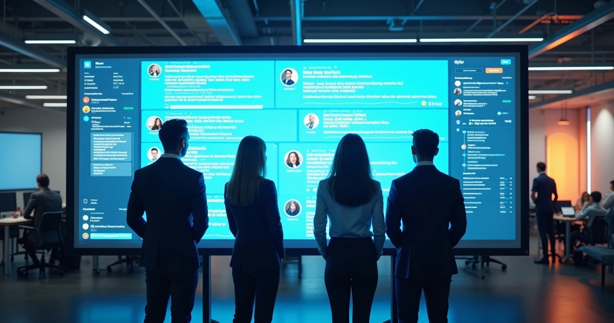 Profissionais interagindo em frente a telão de LinkedIn com posts e comentários 