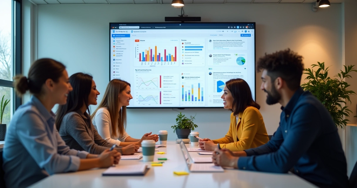 Equipe comercial observando interações em redes sociais numa tela 