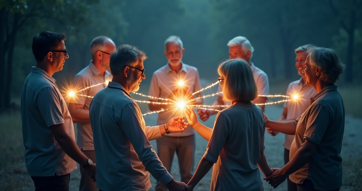 Grupo de pessoas conectadas por linhas luminosas, representando interações na evolução pessoal