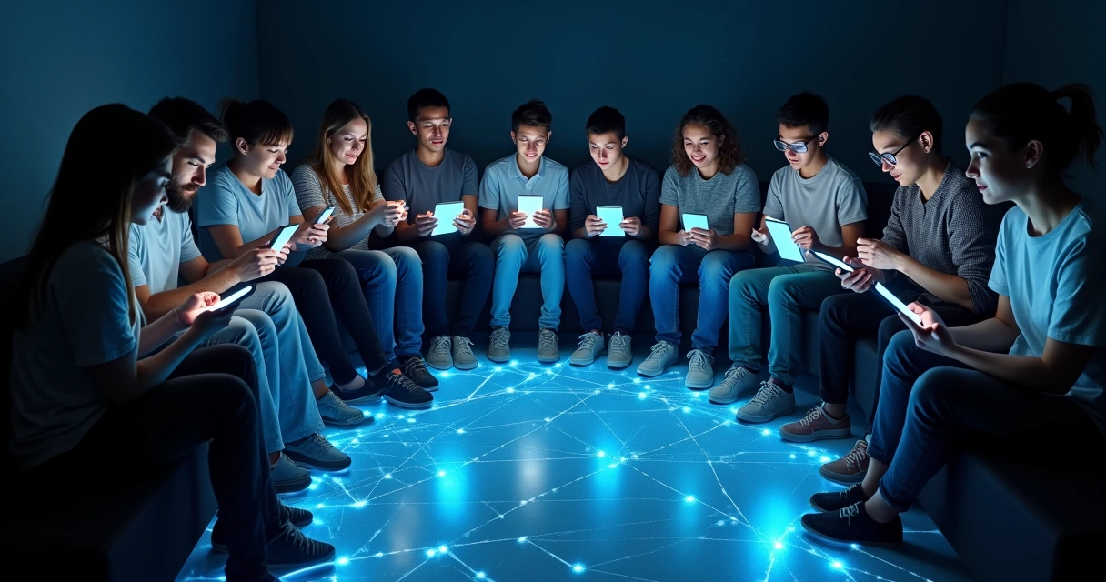 Pessoas usando smartphones em círculo em ambiente online visto de cima 