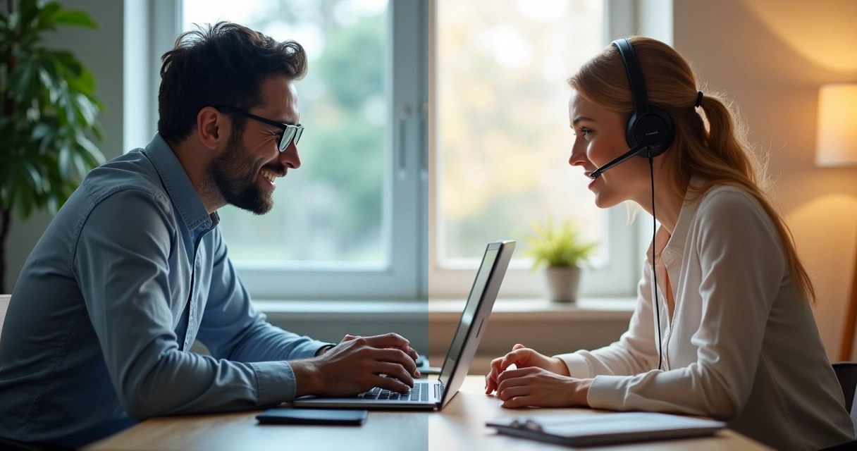 Cliente frustrado tentando resolver problema com chatbot e atendente humana interagindo ao lado. 