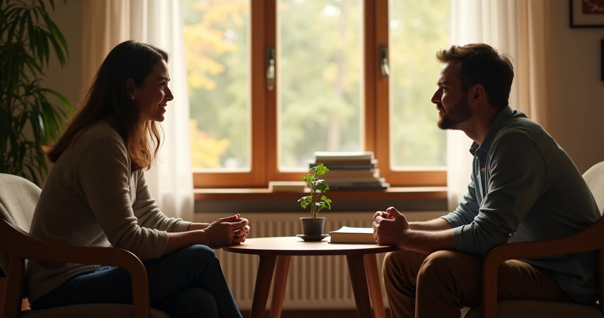 Duas pessoas conversando em uma sala iluminada, ambiente calmo 