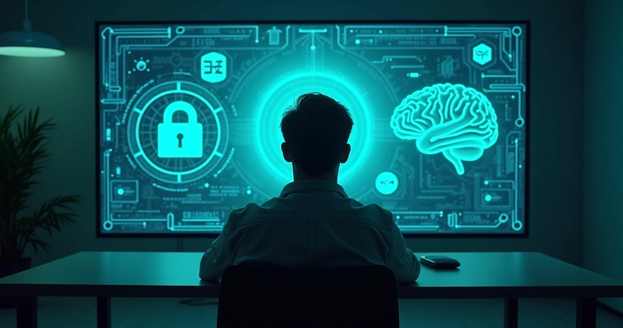 Pessoa refletindo diante de tela com símbolos de cadeados e ícones de IA 