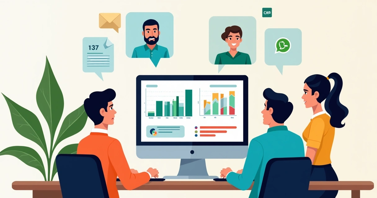 Equipe de vendas analisando relatório de conversas do WhatsApp junto a agente de IA 