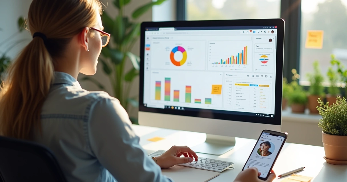 Usuária gerenciando Instagram com gráficos de engajamento, celular e notebook 
