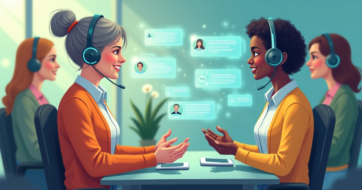 Ilustração de interação entre humanos e agentes de IA no atendimento ao cliente, com empatia e tecnologia moderna.