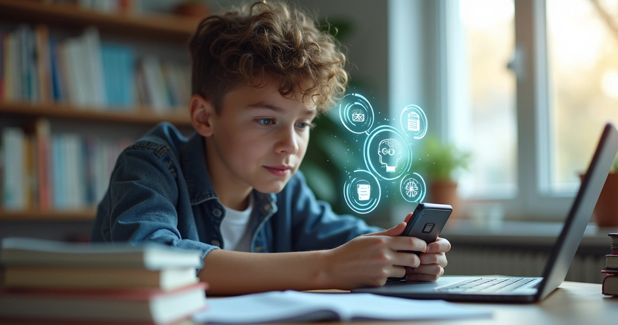 Estudante interagindo com IA em smartphone na mesa de estudos 