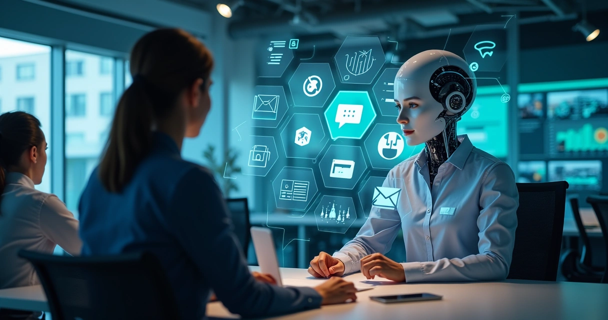 Pessoa interagindo com múltiplos canais digitais em ambiente corporativo 