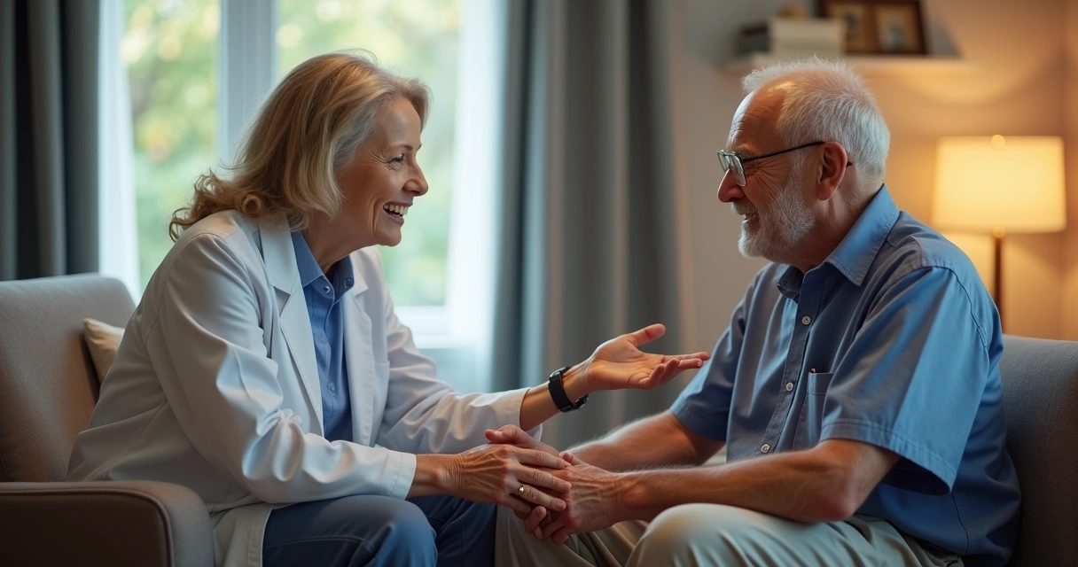 Fisioterapeuta conversa com idoso na clínica