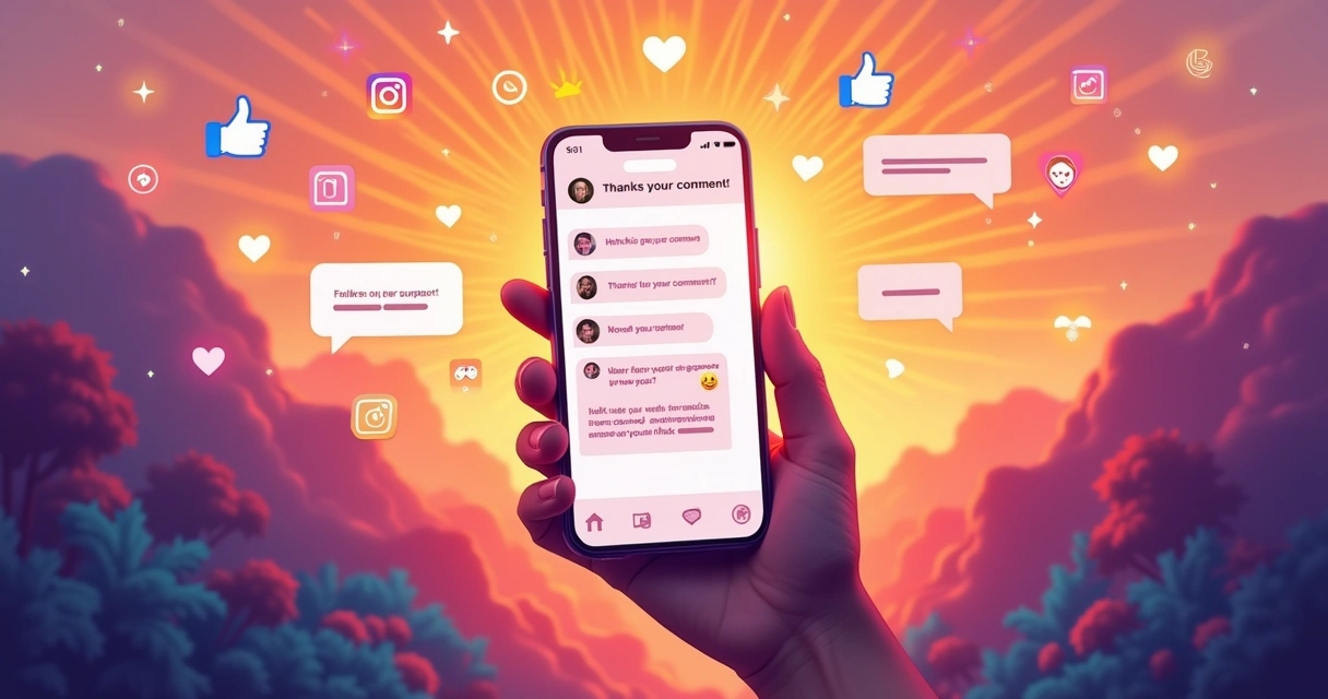 Smartphone showing engaging DMs with emojis and colorful background symbolizing social media interaction.